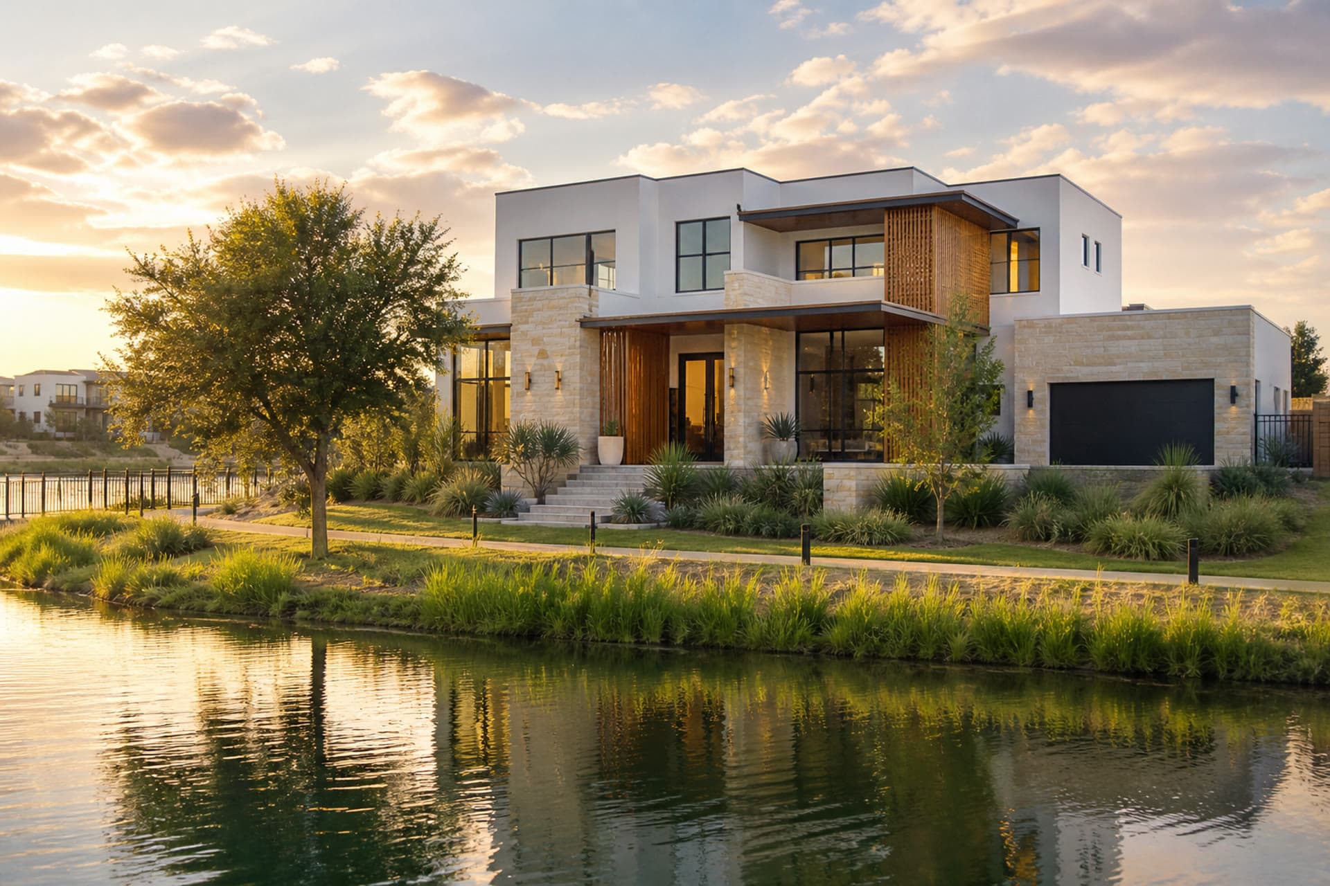 Contemporary PI Homes elevation beside a Texas community lake