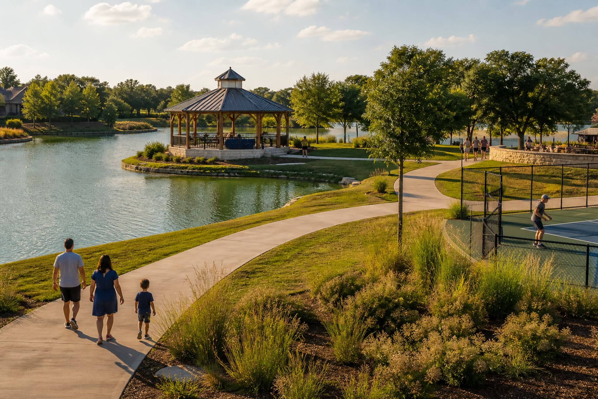 Lake-community trails and water at golden hour